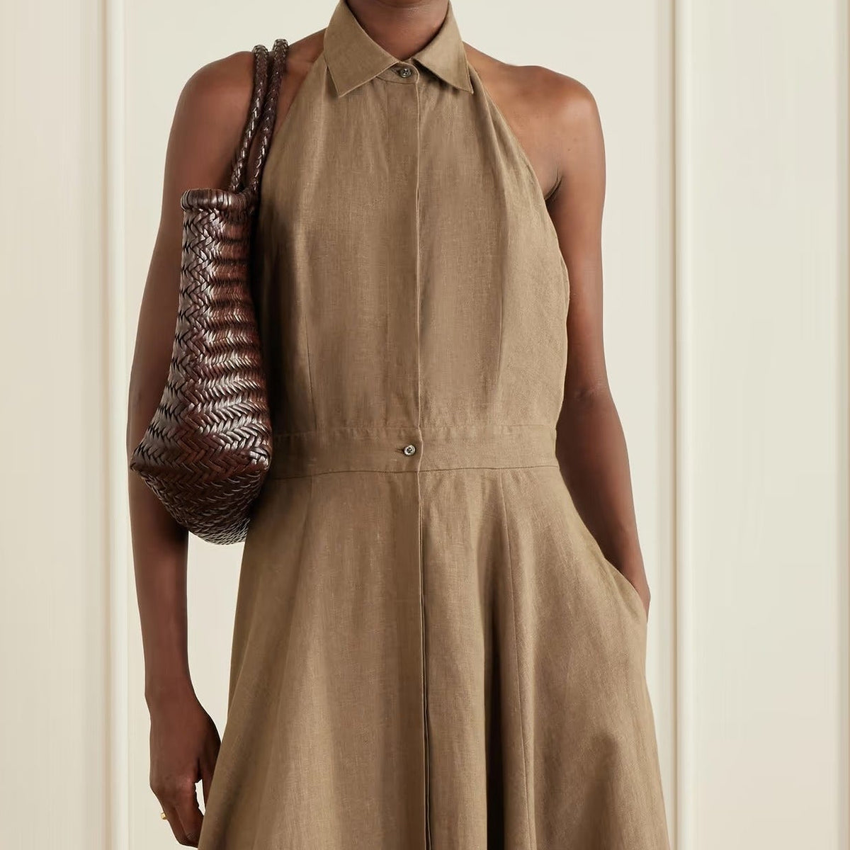 Collared Halter Neck Linen Blend Maxi Dress