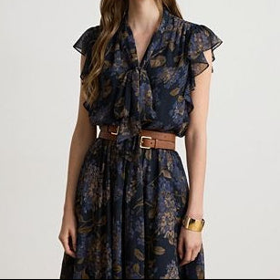 Floral Print Pleated Midi Dress With Ruffles