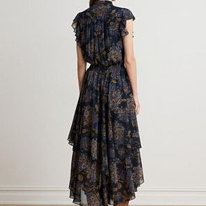 Floral Print Pleated Midi Dress With Ruffles