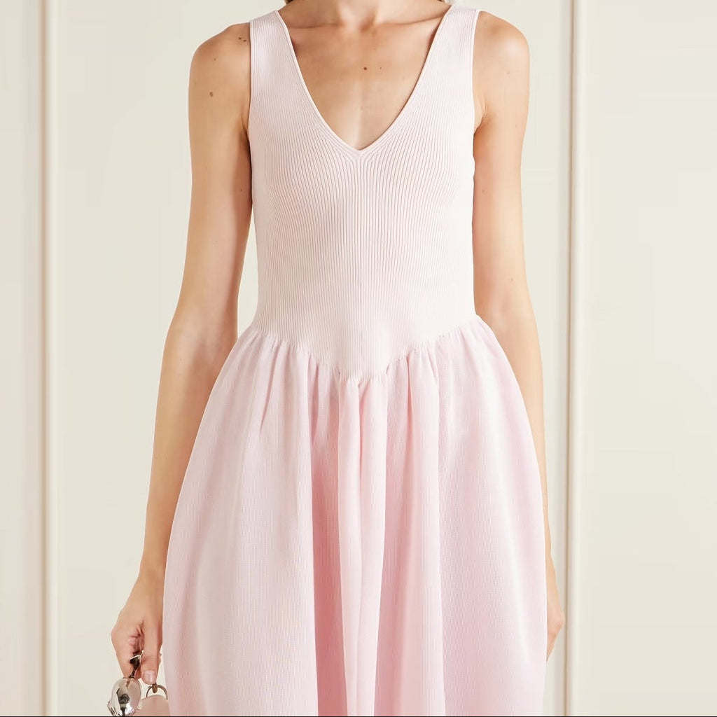 Light Pink Sleeveless V Neck Knit Midi Dress