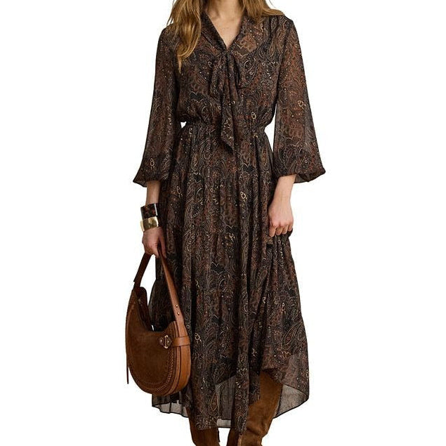 Ruched Printed Midi Dress with Mid Length Sleeves