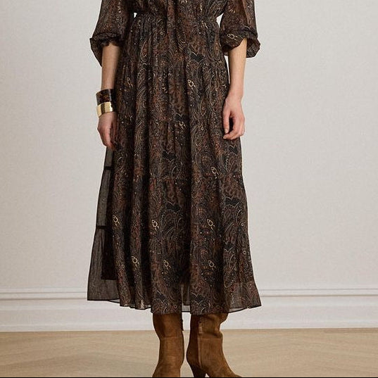 Ruched Printed Midi Dress with Mid Length Sleeves