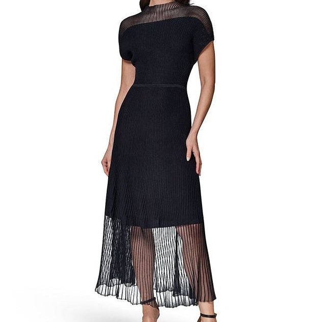 Short Sleeve Mesh Yoke Pleated Midi Dress