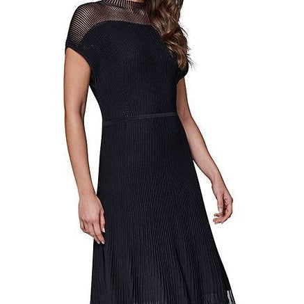 Short Sleeve Mesh Yoke Pleated Midi Dress