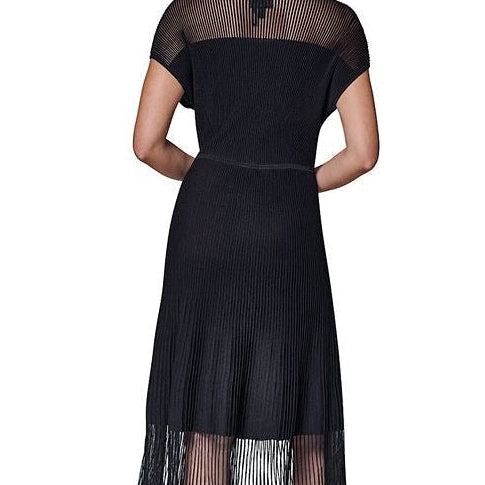 Short Sleeve Mesh Yoke Pleated Midi Dress