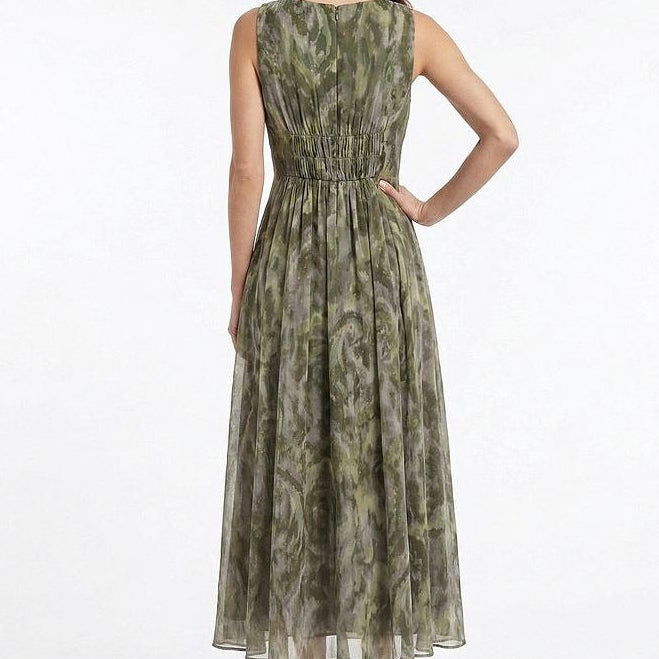 Sleeveless V Neck Chiffon Paisley Maxi Dress