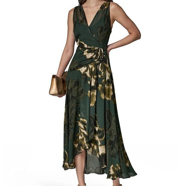 Sleeveless V Neck Floral Wrap Midi Dress