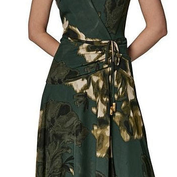Sleeveless V Neck Floral Wrap Midi Dress