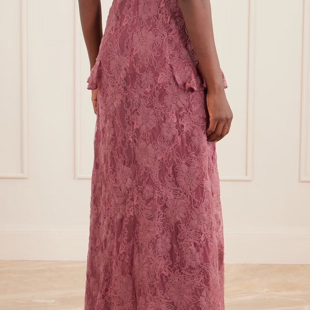 Sleeveless V Neck Floral Lace Maxi Dress