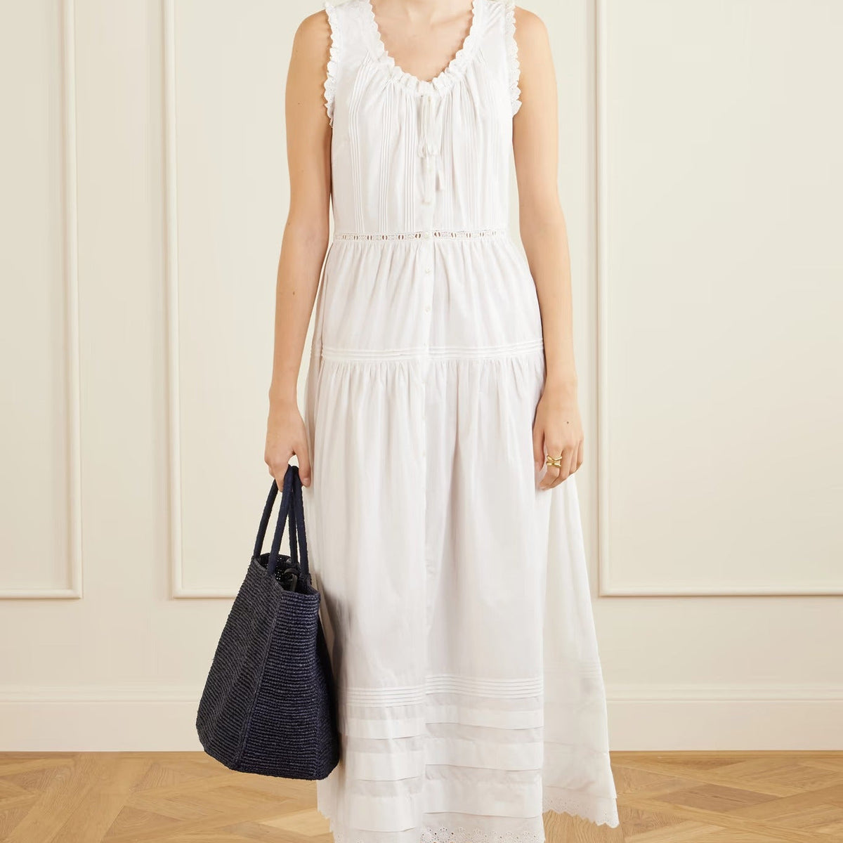 White Sleeveless V Neck Tiered Cotton Midi Dress