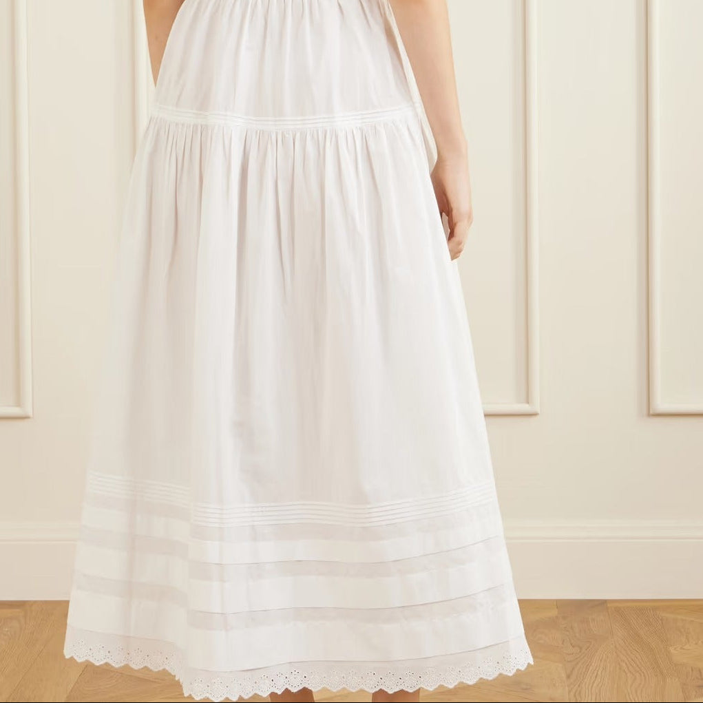 White Sleeveless V Neck Tiered Cotton Midi Dress