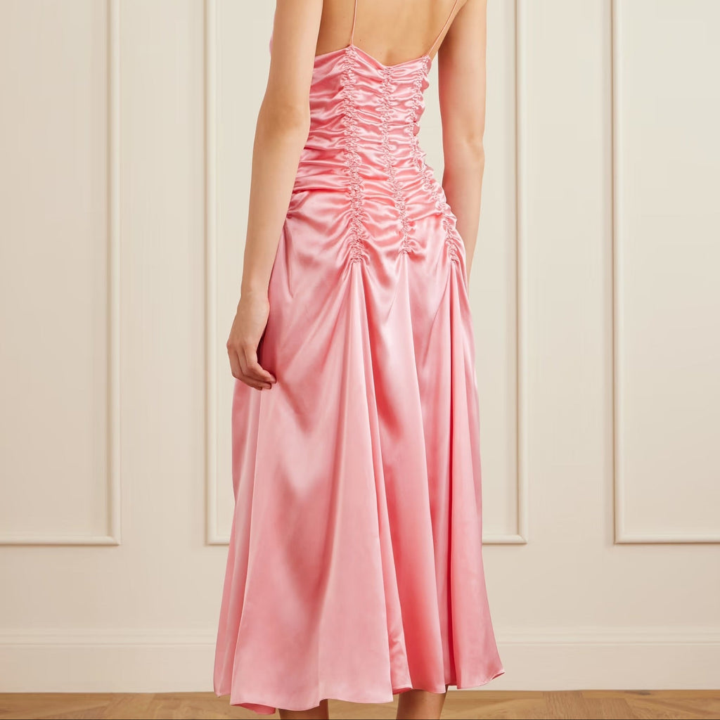 Women's pink Spaghetti Strap Ruched Satin Midi Slip Dress