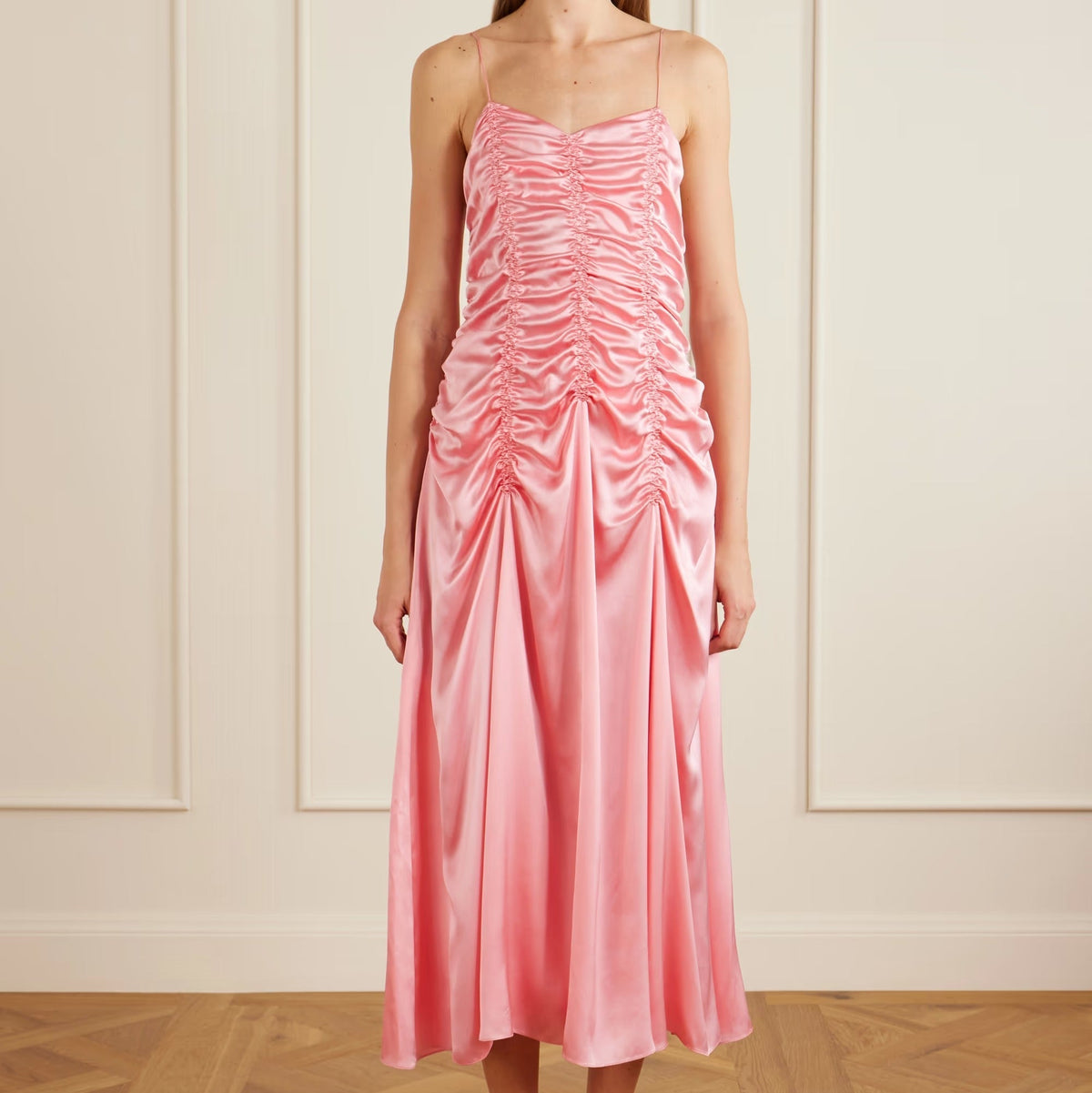 Women's pink Spaghetti Strap Ruched Satin Midi Slip Dress