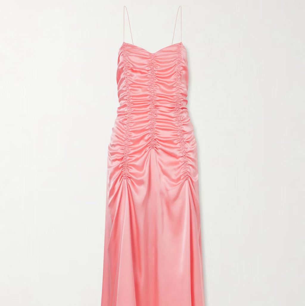 Women's pink Spaghetti Strap Ruched Satin Midi Slip Dress